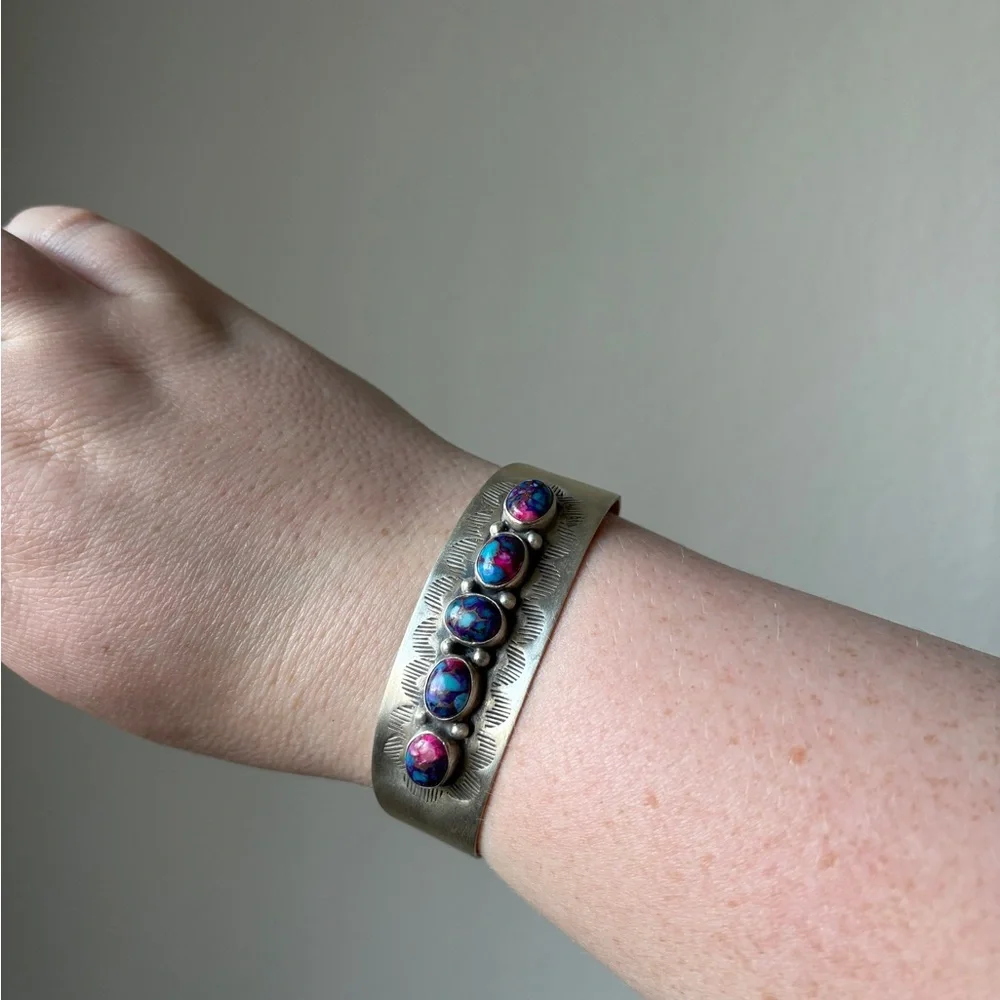 Sterling silver cuff with pink dahlia turquoise stone